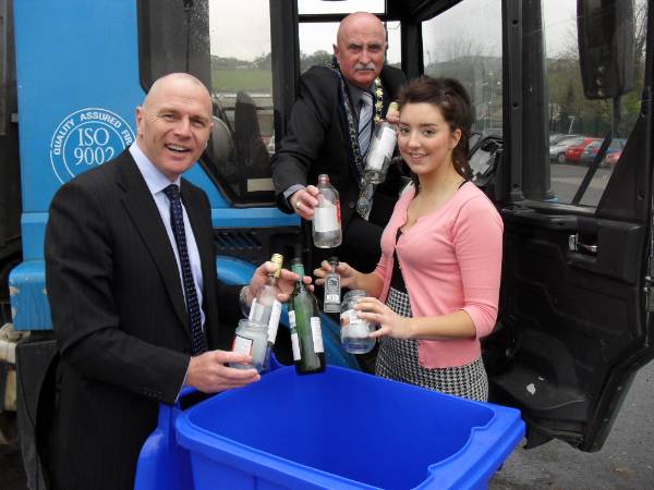 Jim McCorry (Director Tech & Leisure Services- Newry and Mourne), Mayor Charlie Casey, Ruth Colgan (Newry and Mourne Recycling Officer welcome the glass recycling move.